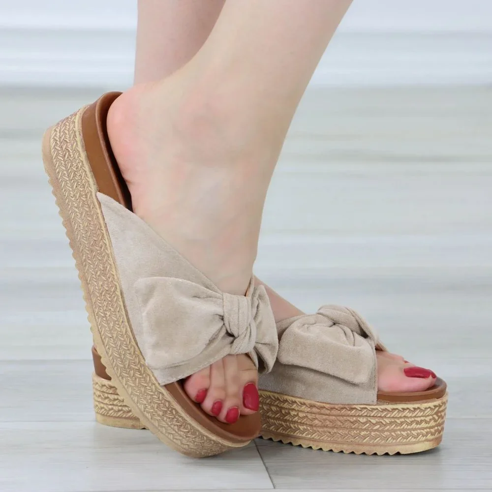 Suede Nude Bow Comfort Platform Sandal Slip On Sliders - Picture 5 of 14
